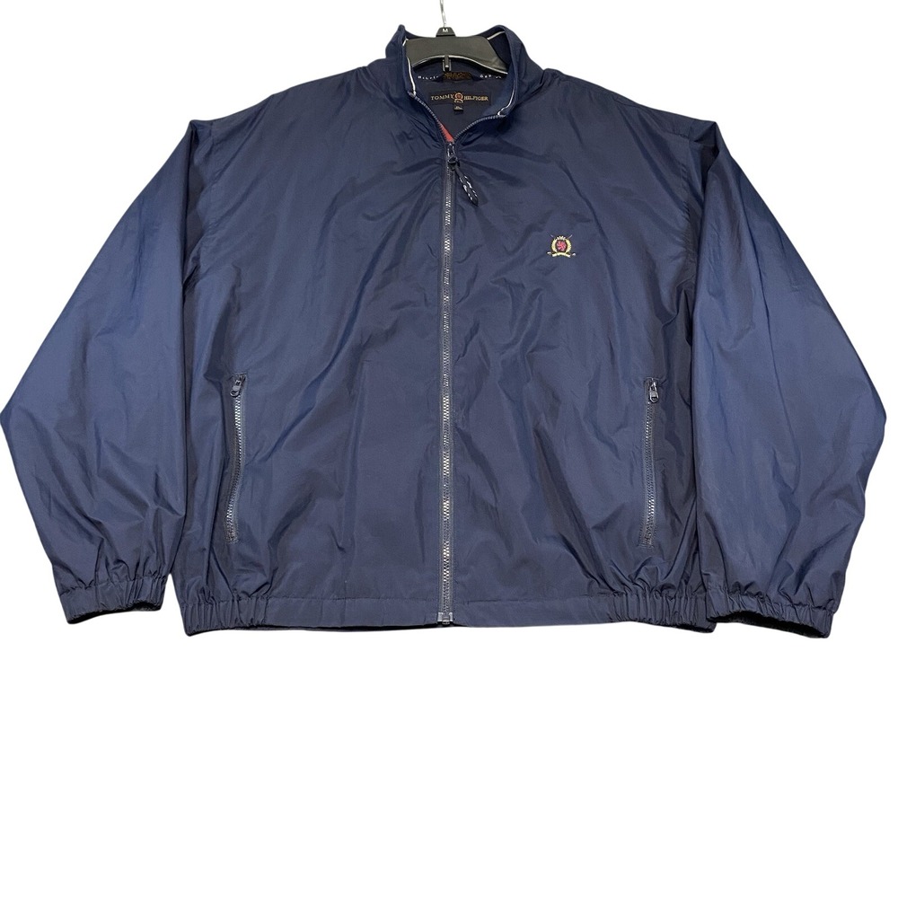 Vtg Tommy Hilfiger Golf Mens Windbreaker Jacket XL Navy Sports Crest Logo Retro